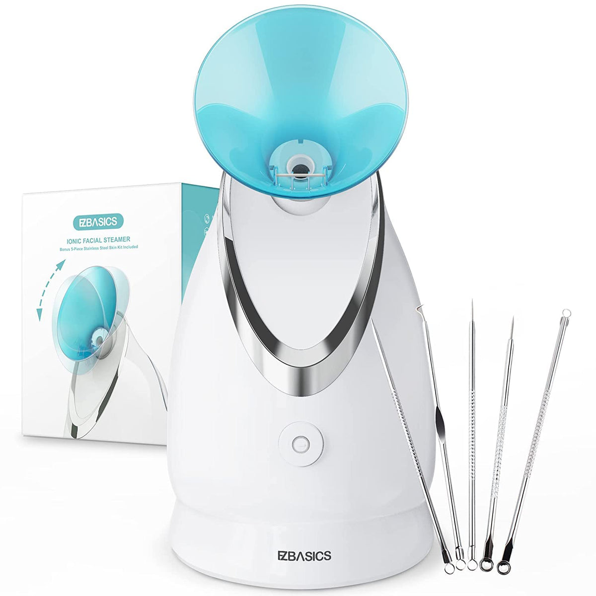 EZBASICS facial steamer front view showing blue housing and quick-start benefit