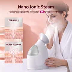 EZBASICS steamer producing nano-ionic mist in use to loosen pores and hydrate