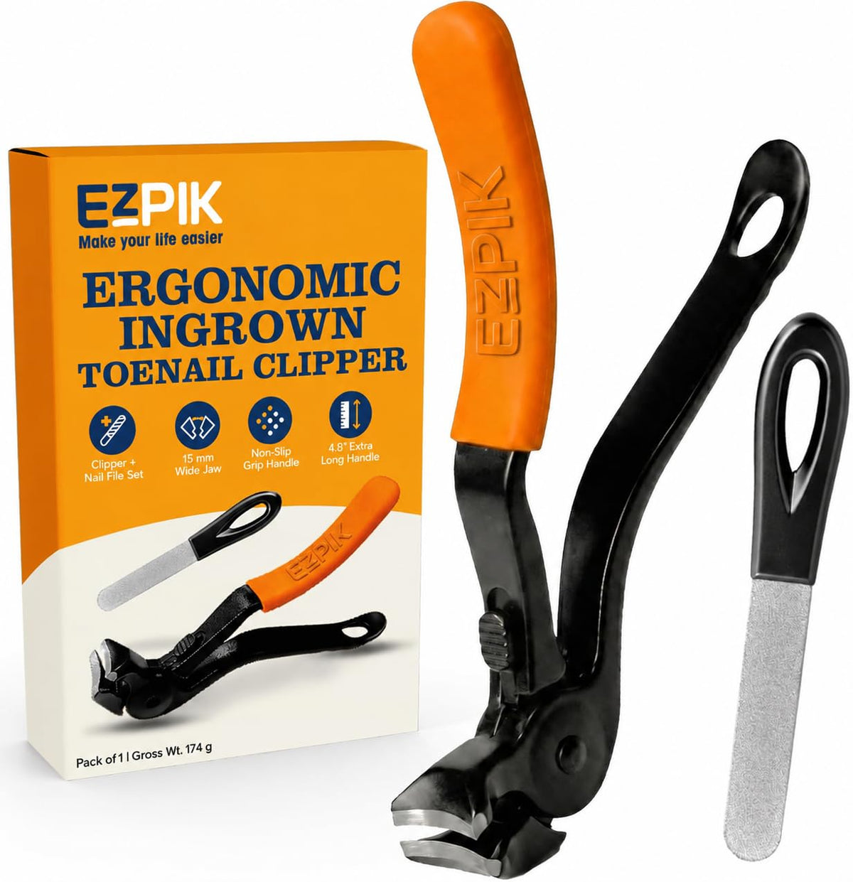 EZPIK front view of long-handle clippers showing reach and stability