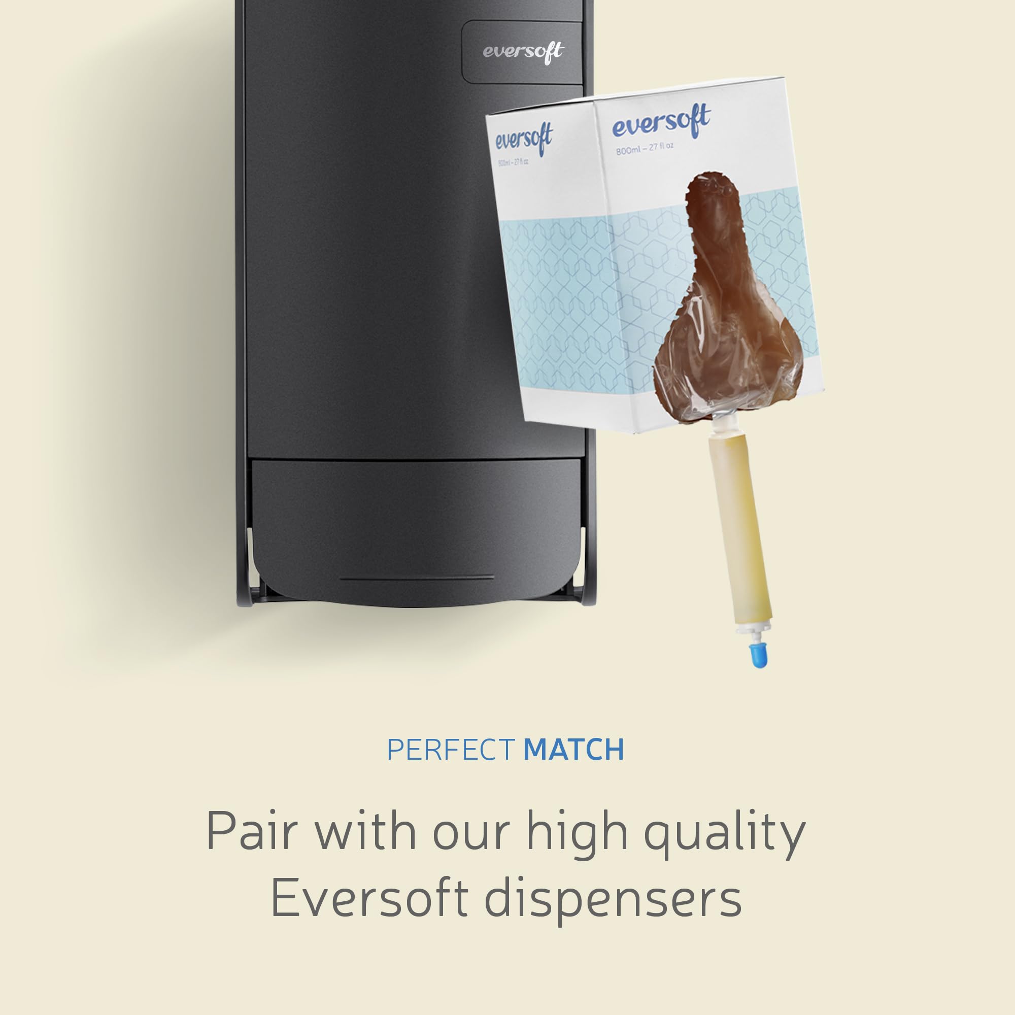 EZPULL hand using dispenser with Eversoft soap showing smooth lotion dispense for comfort