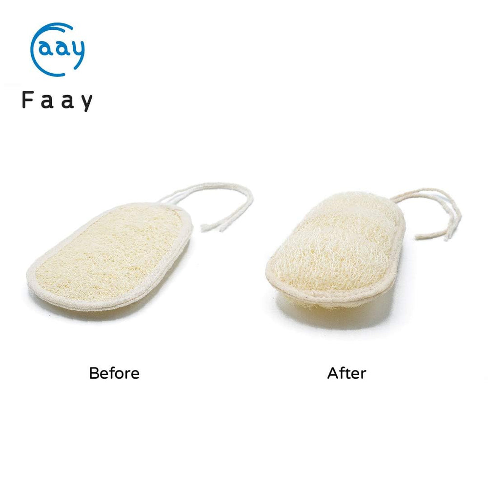 FAAY in-shower use demonstrating long handle reaching and scrubbing the upper back