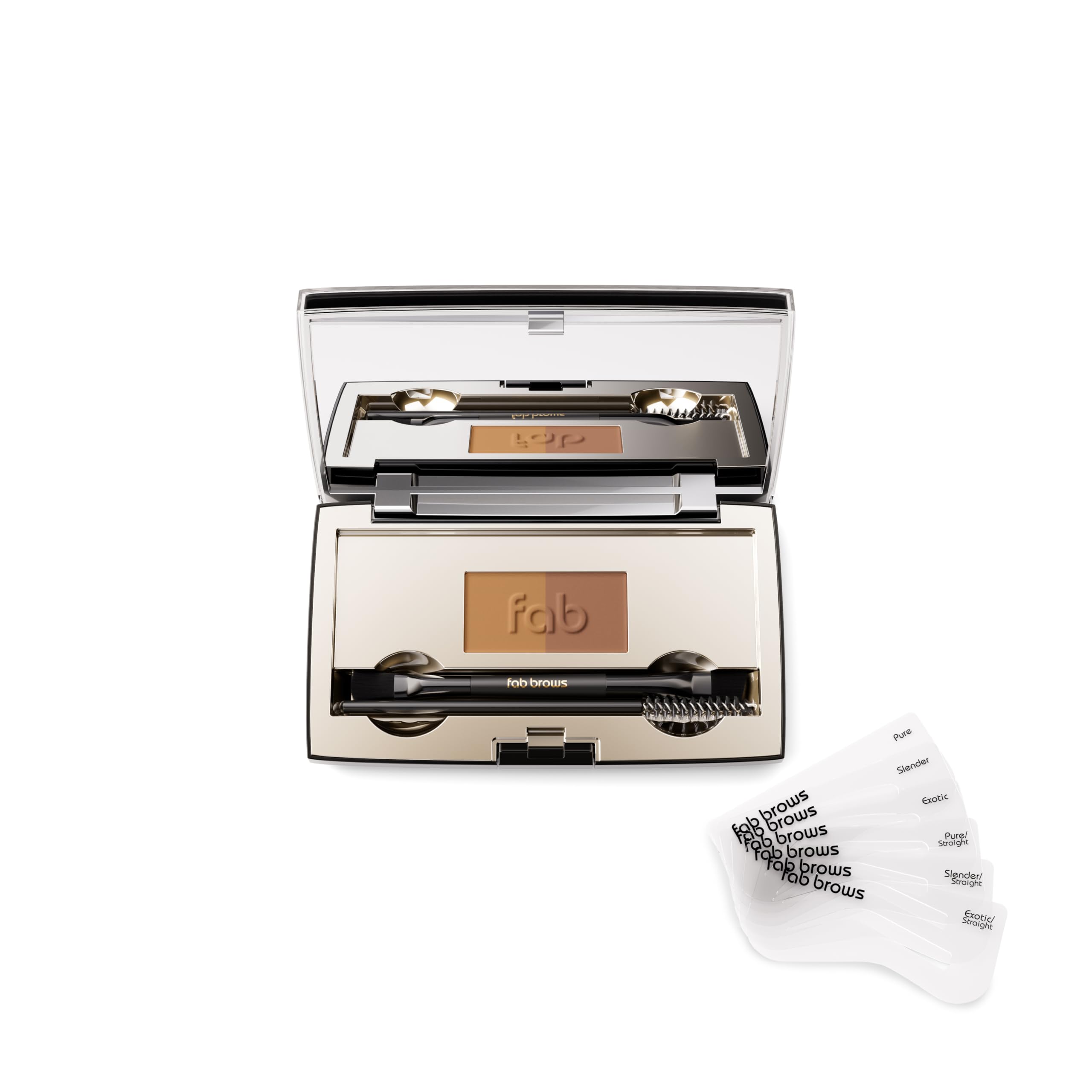 Fab Brows compact open showing powders and mirror, ideal for quick touch-ups
