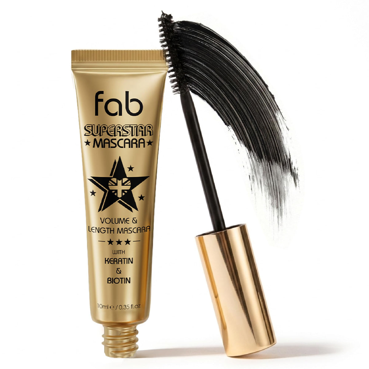 Fab Brows mascara tube front view shows sleek packaging and bold black shade