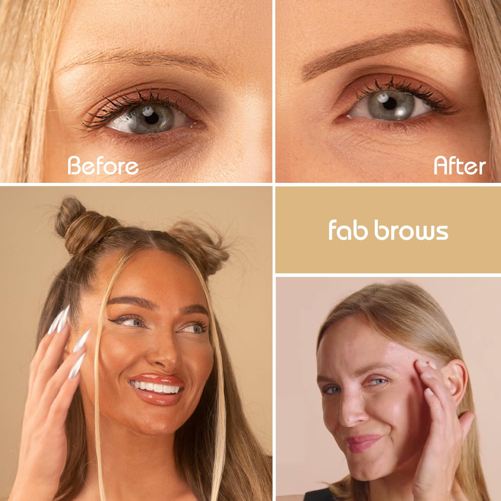 Fab Brows powder beside a coin showing compact size and on-the-go practicality