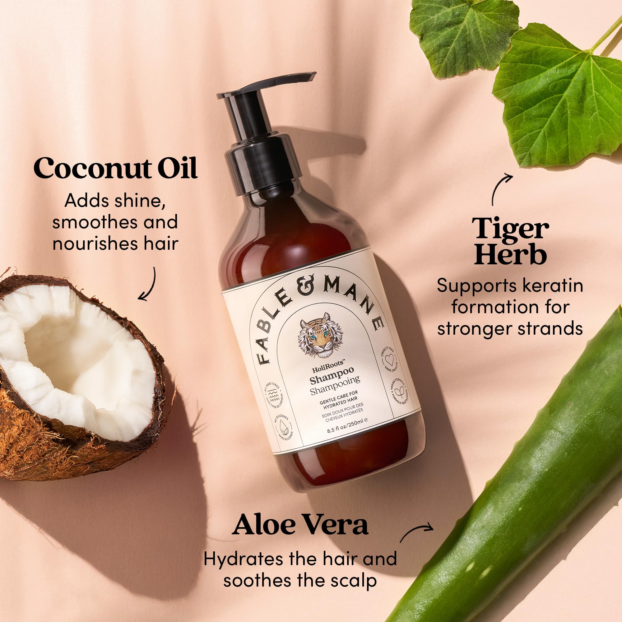 Fable & Mane shampoo placed on bathroom shelf in a styled routine setting