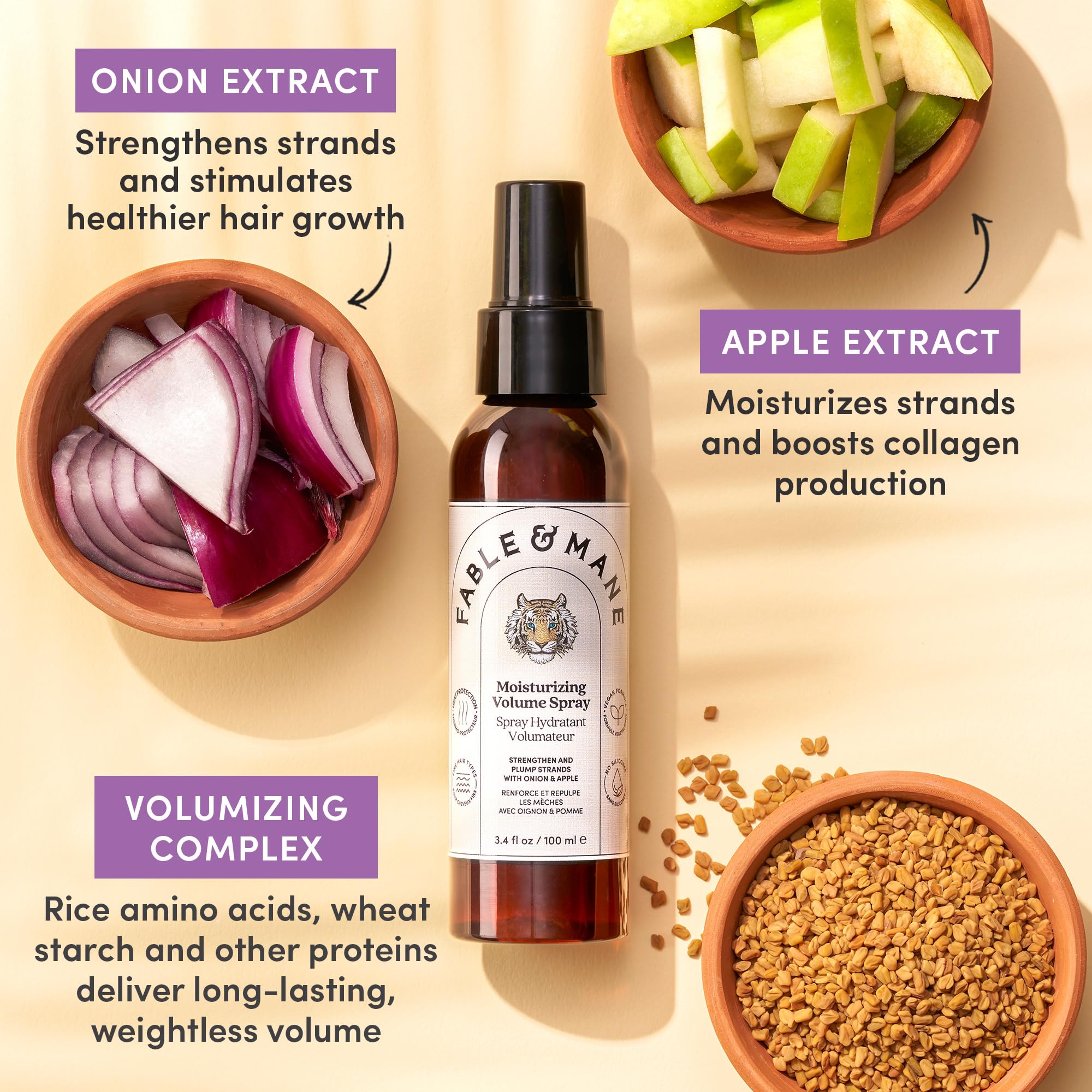 Fable & Mane ingredients display with onion and apple extracts, highlighting scalp nourishment