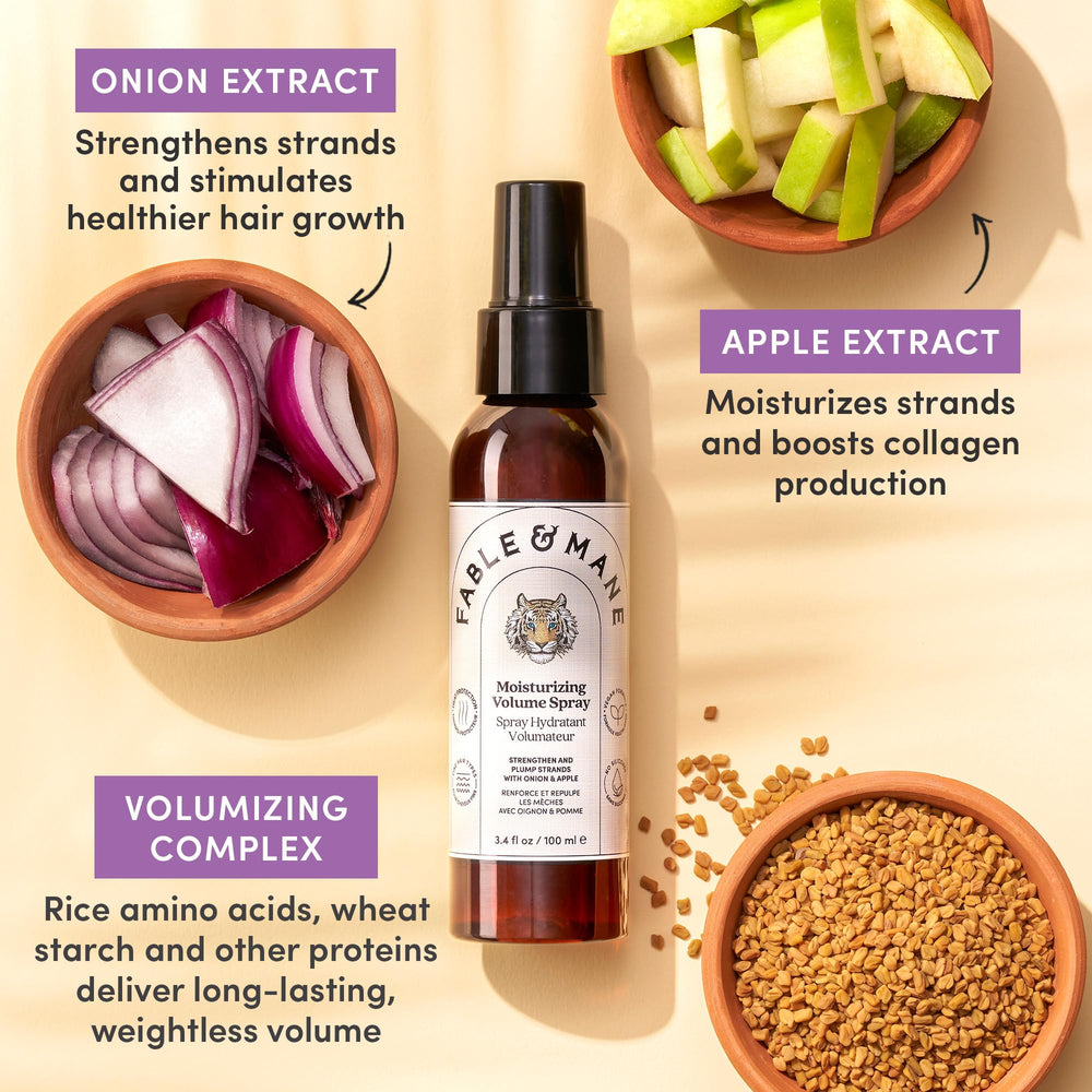 Fable & Mane ingredients display with onion and apple extracts, highlighting scalp nourishment