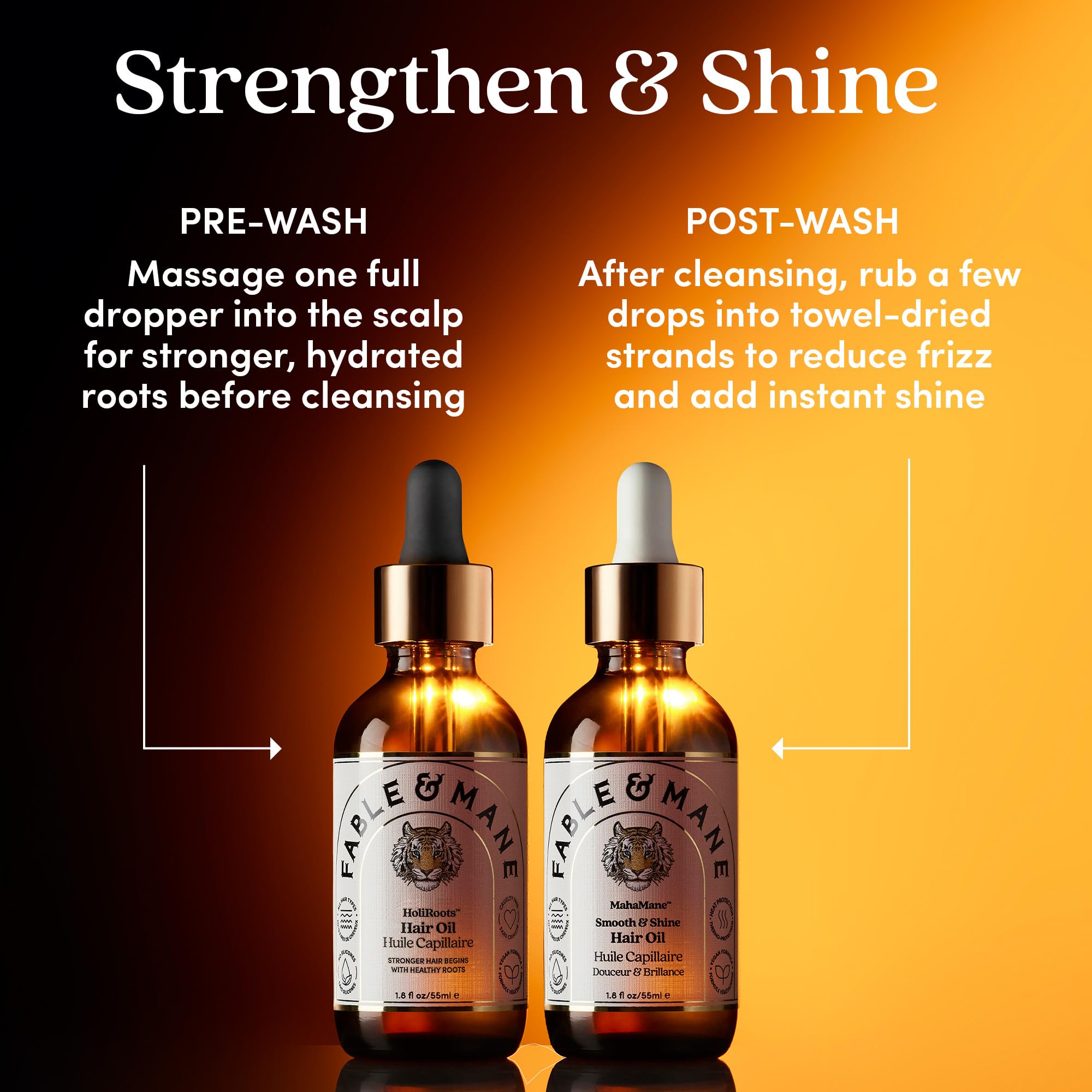 Fable & Mane applied to damp hair showing instant shine and frizz control