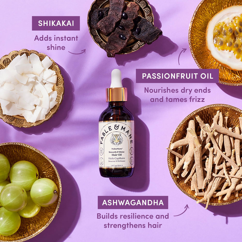 Fable & Mane on bathroom vanity staged for post-wash hair routine