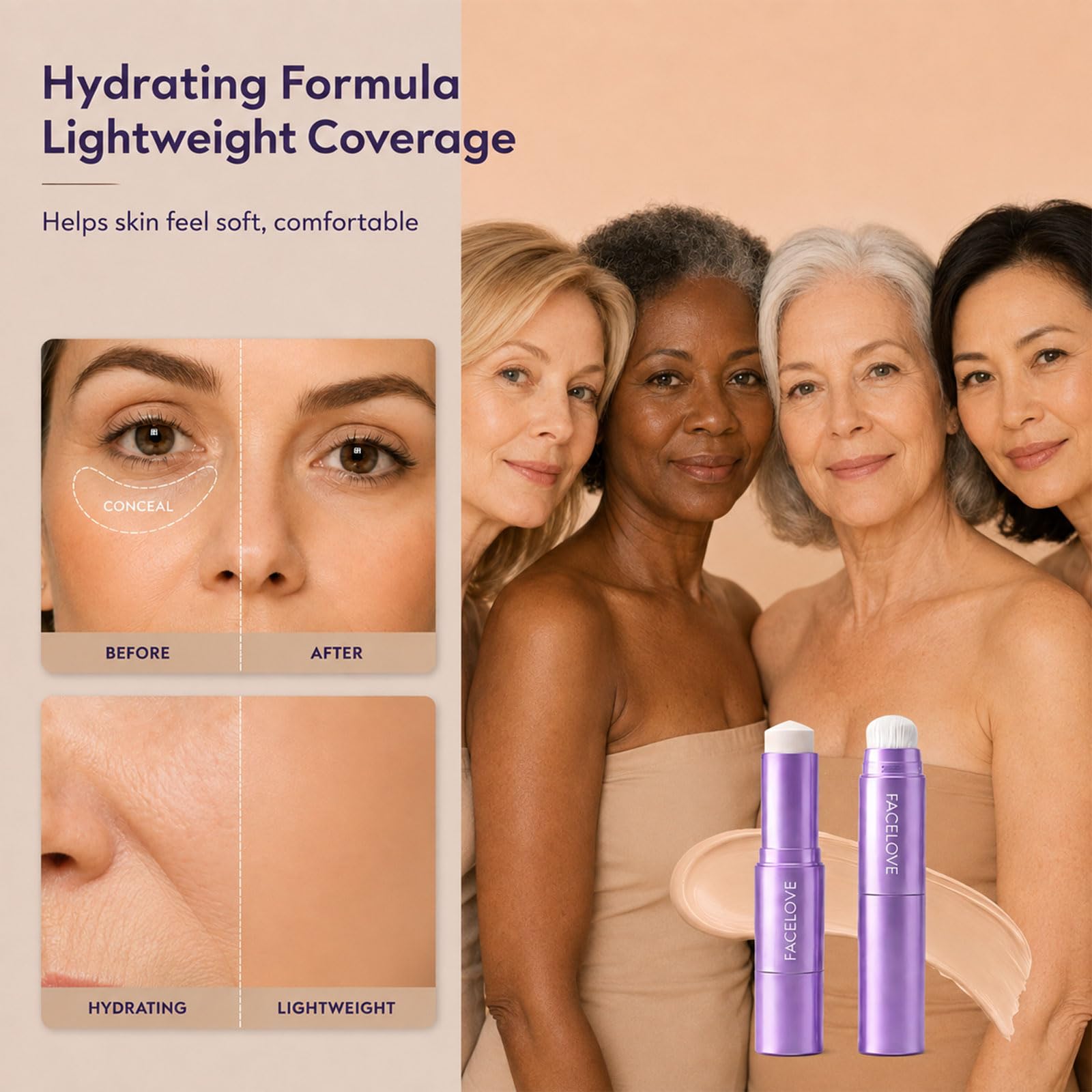 FACELOVE application before after showing tone-adapting coverage results