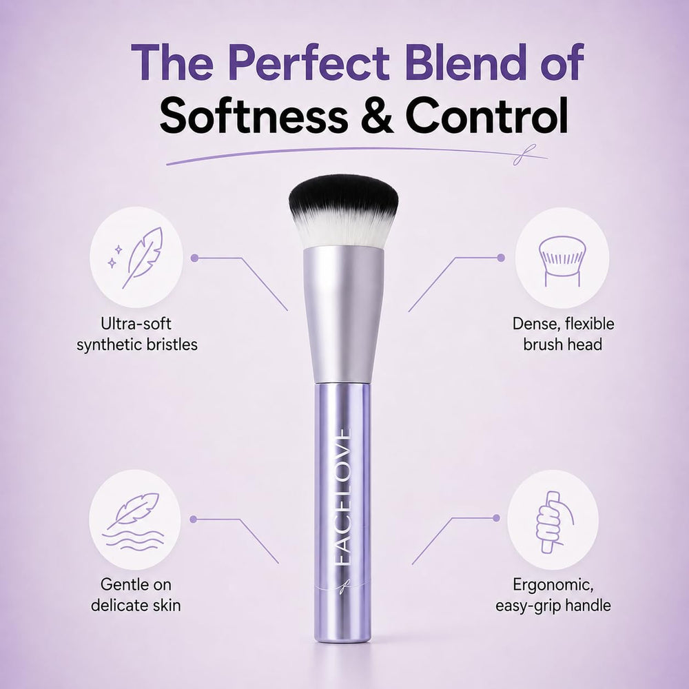 FACELOVE brush in use applying liquid foundation for even coverage advantage