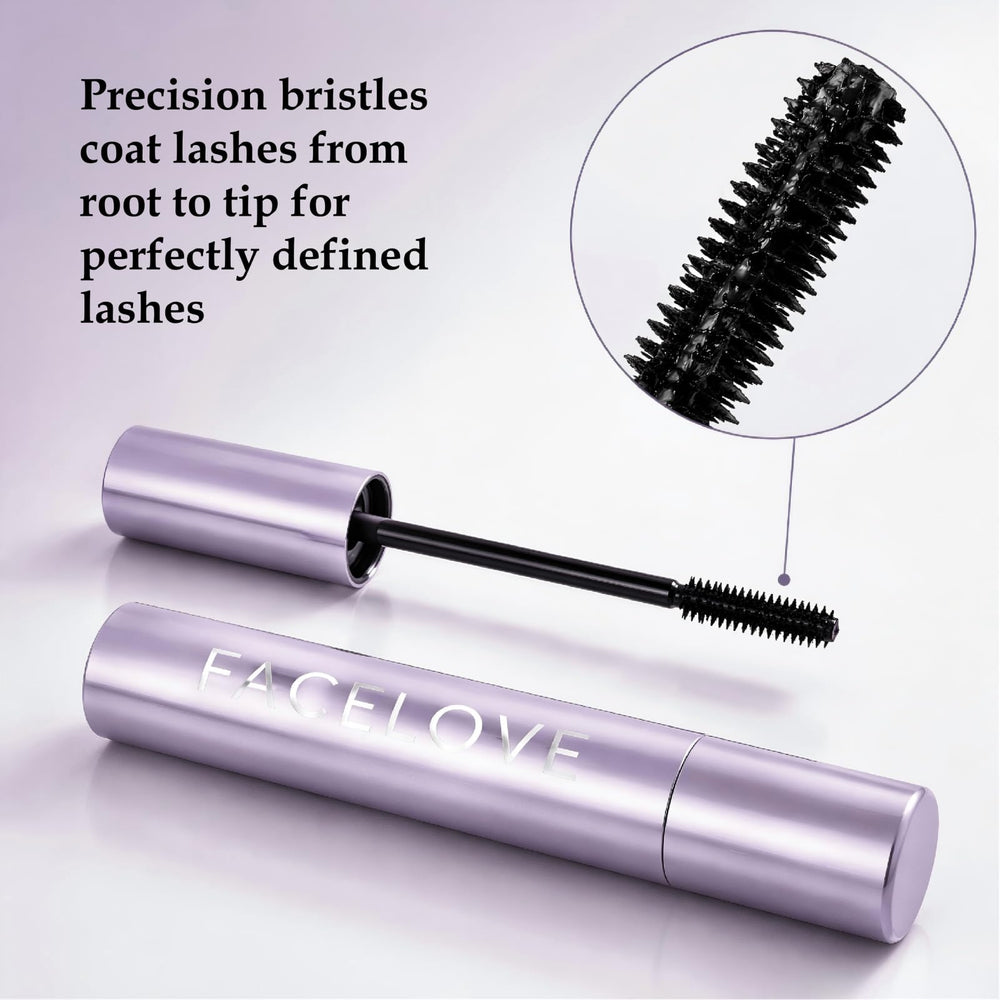 FACELOVE mascara being applied to eyelashes demonstrating lift and length benefits