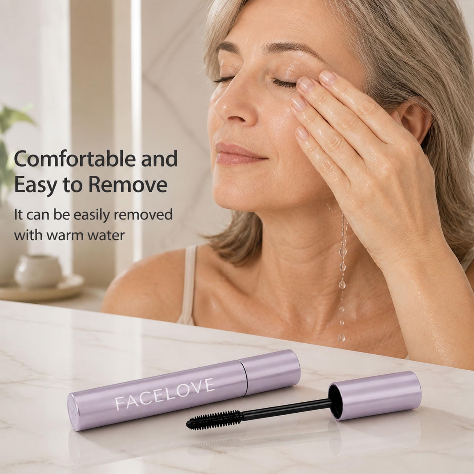 FACELOVE mascara before and after showing enhanced length and natural fuller-looking lashes