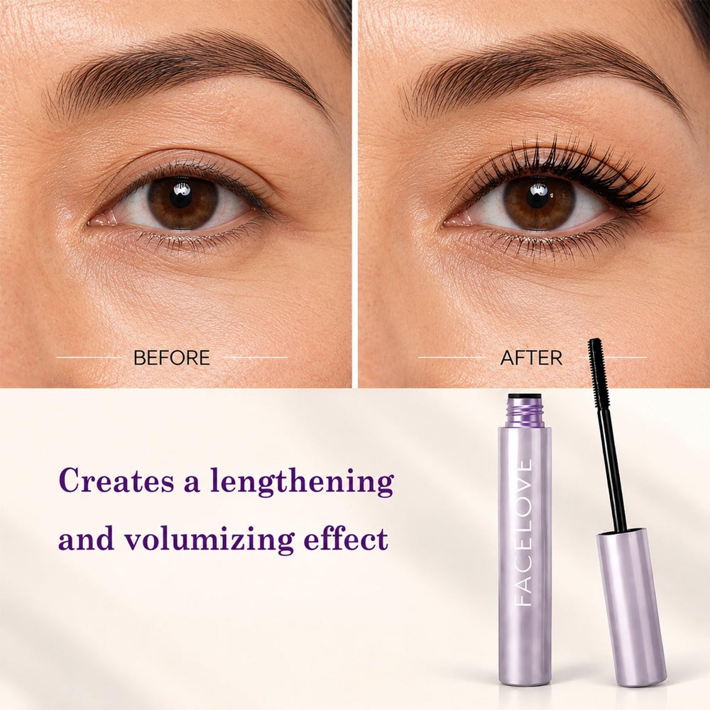 FACELOVE mascara wand close-up showing precision bristles for separated lashes and defined volume