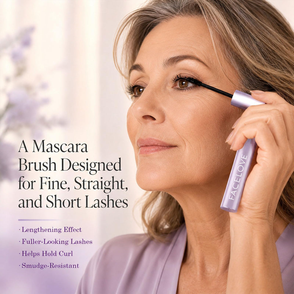 FACELOVE mascara held in hand giving size reference and travel-friendly convenience benefit