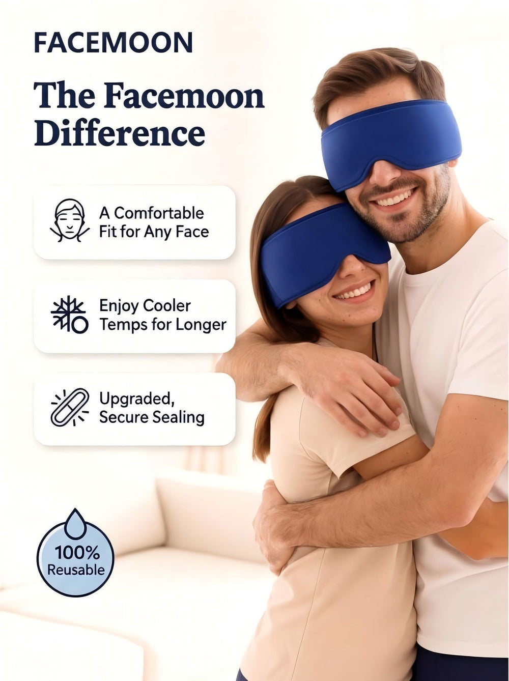 Facemoon mask on forehead and temples showing broad cooling contact