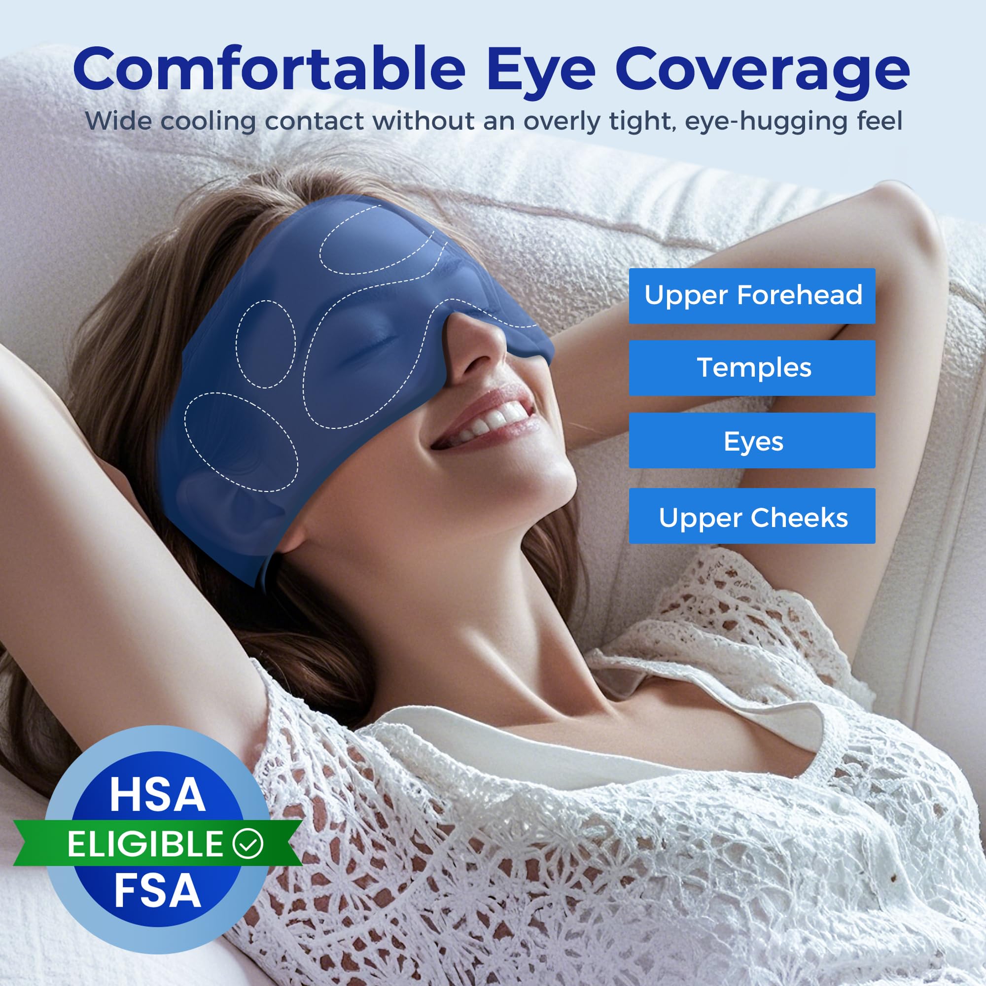 Facemoon mask worn by model demonstrating relaxing cooling benefit