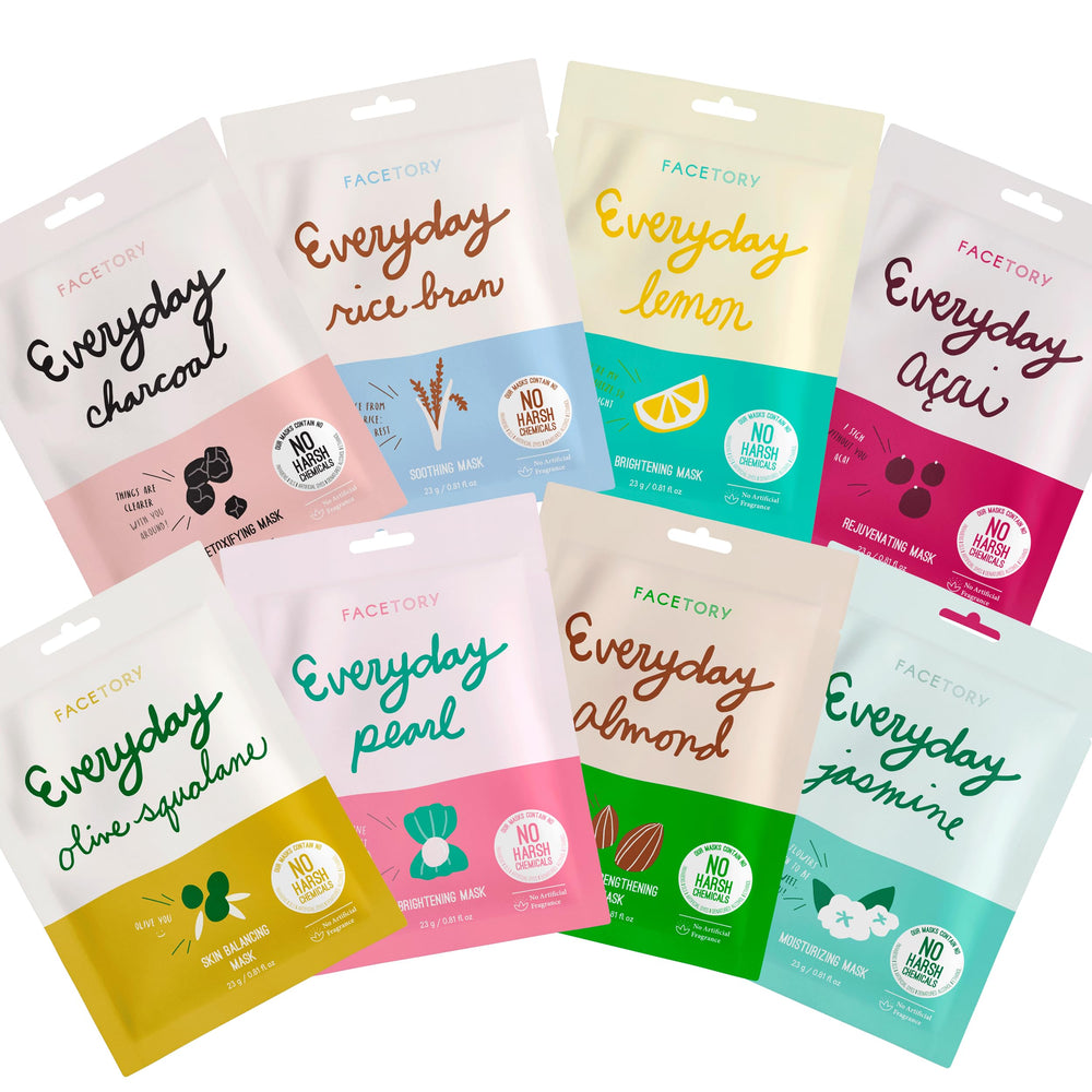 FACETORY front packaging of 8-mask variety pack showing benefits