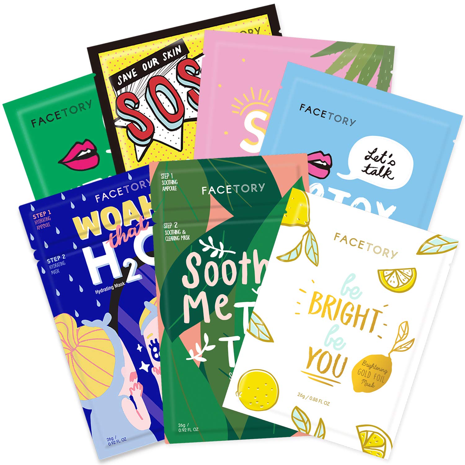 FACETORY variety pack front packaging showing seven masks and bright benefits