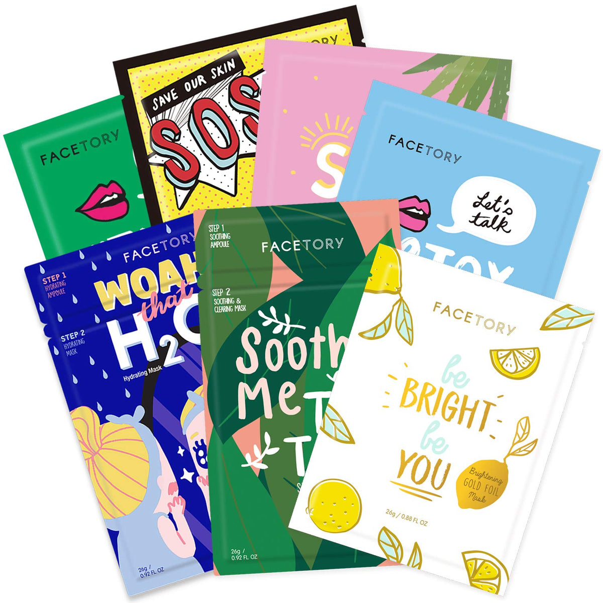 FACETORY variety pack front packaging showing seven masks and bright benefits