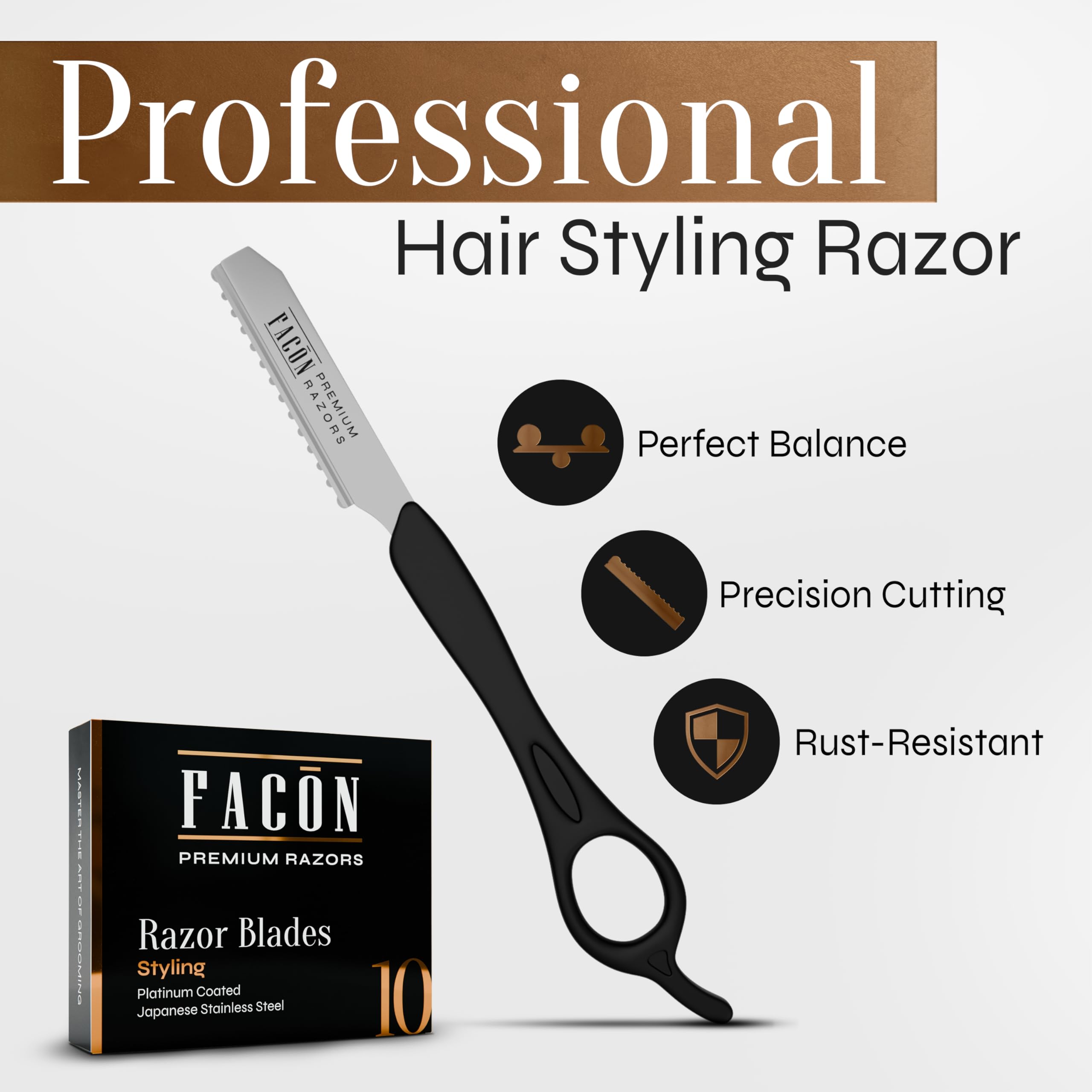 FACON blade close-up showing sharp Feather-style edge for precise cutting benefit