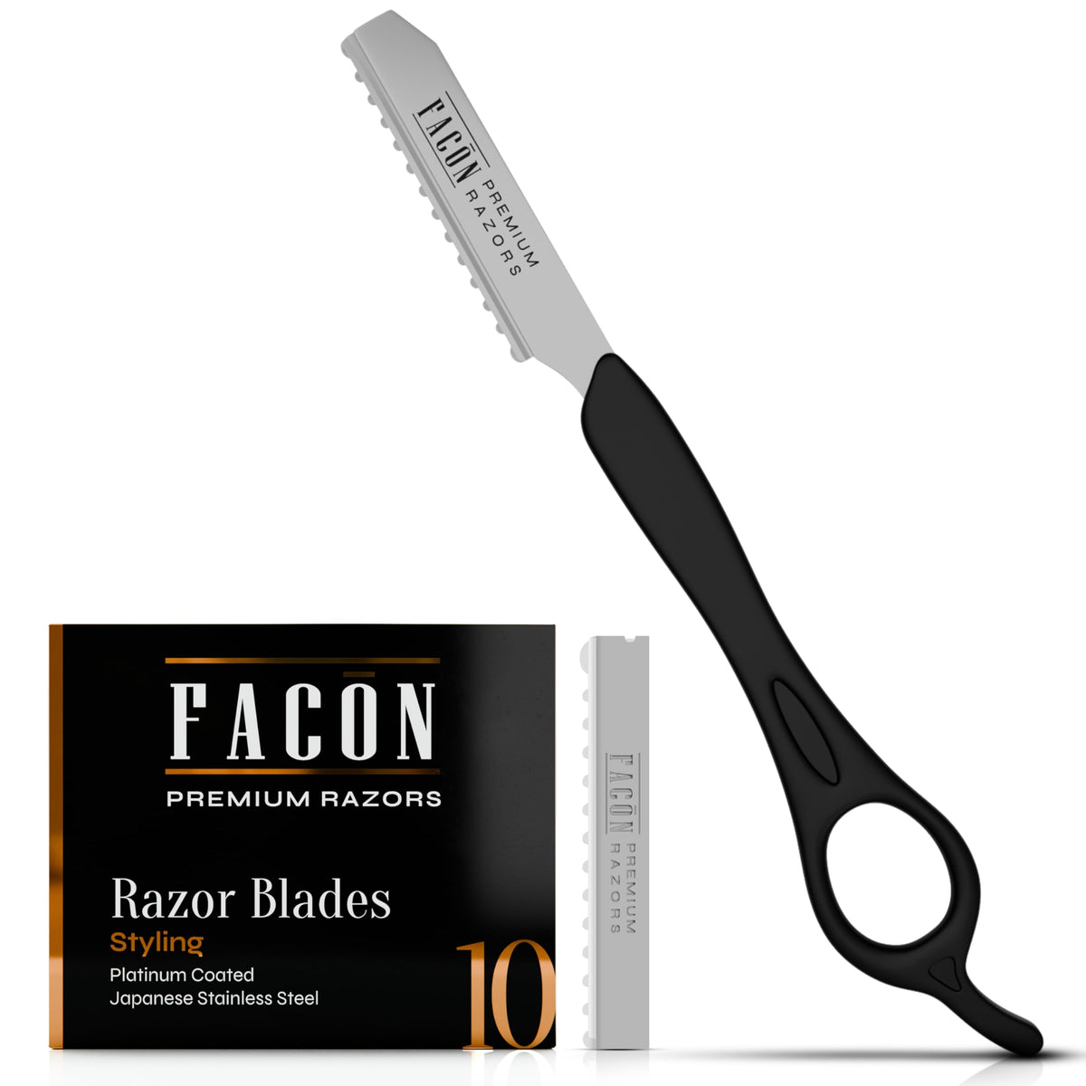 FACON razor front view showing sleek stainless-steel handle and balanced design benefit