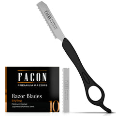 FACON razor front view showing sleek stainless-steel handle and balanced design benefit