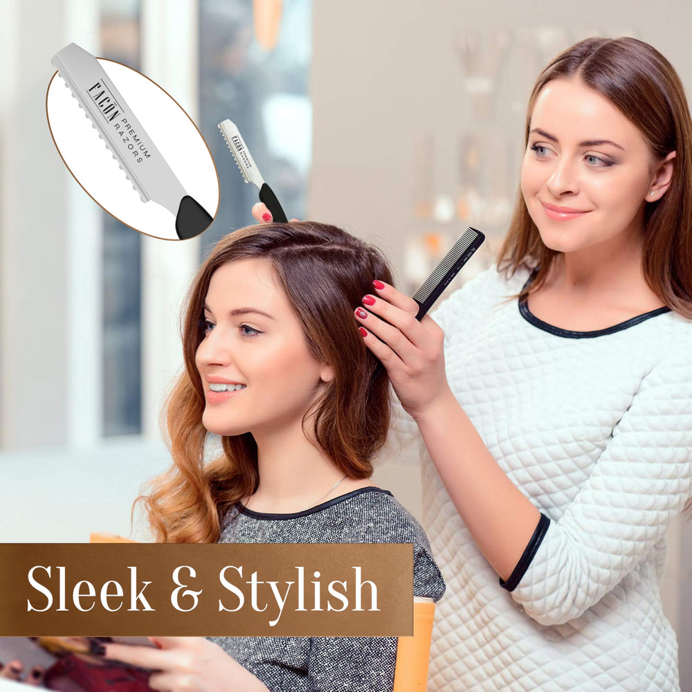 FACON razor held by stylist demonstrating controlled in-use cutting benefit