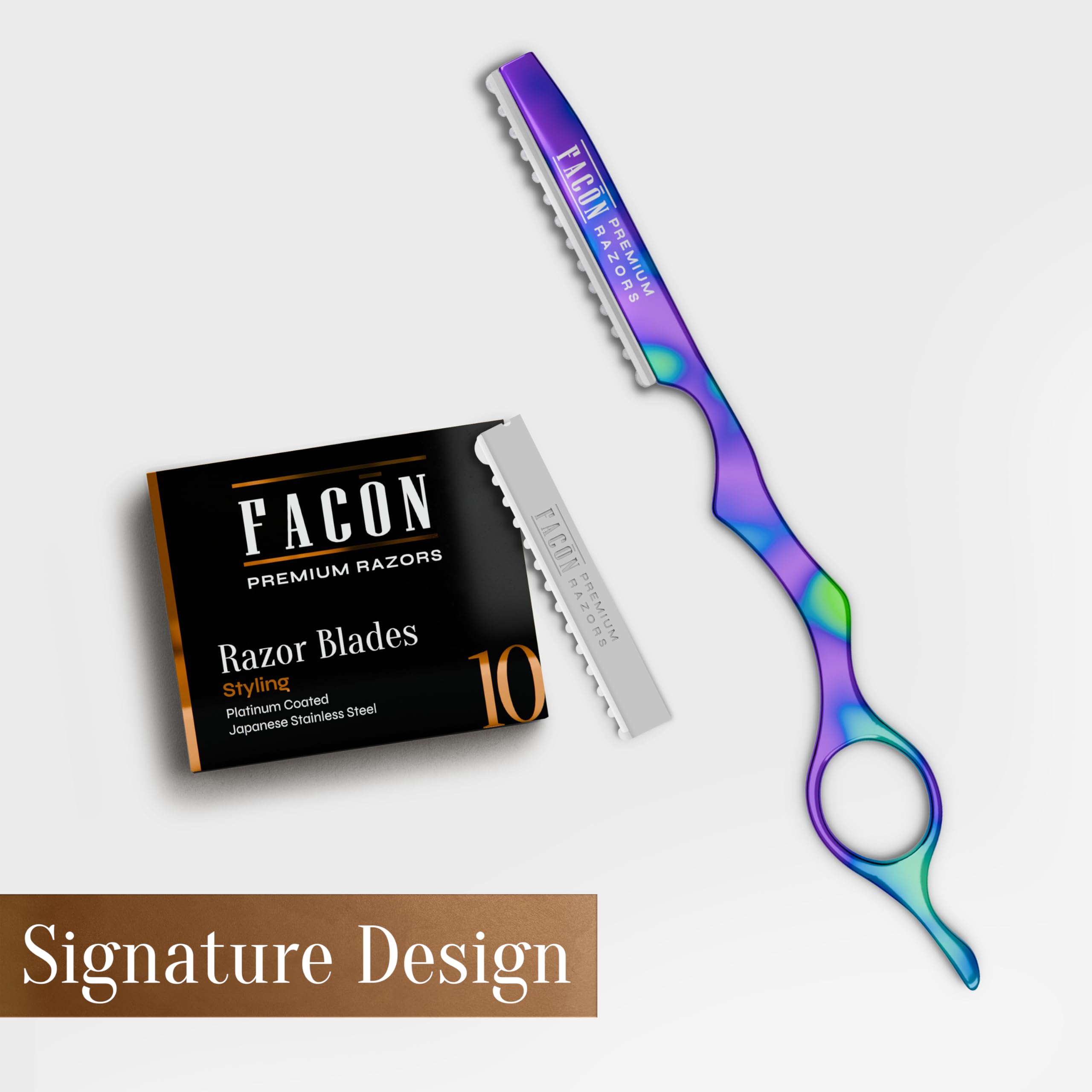 FACON razor packaging label detailing product name and included blades