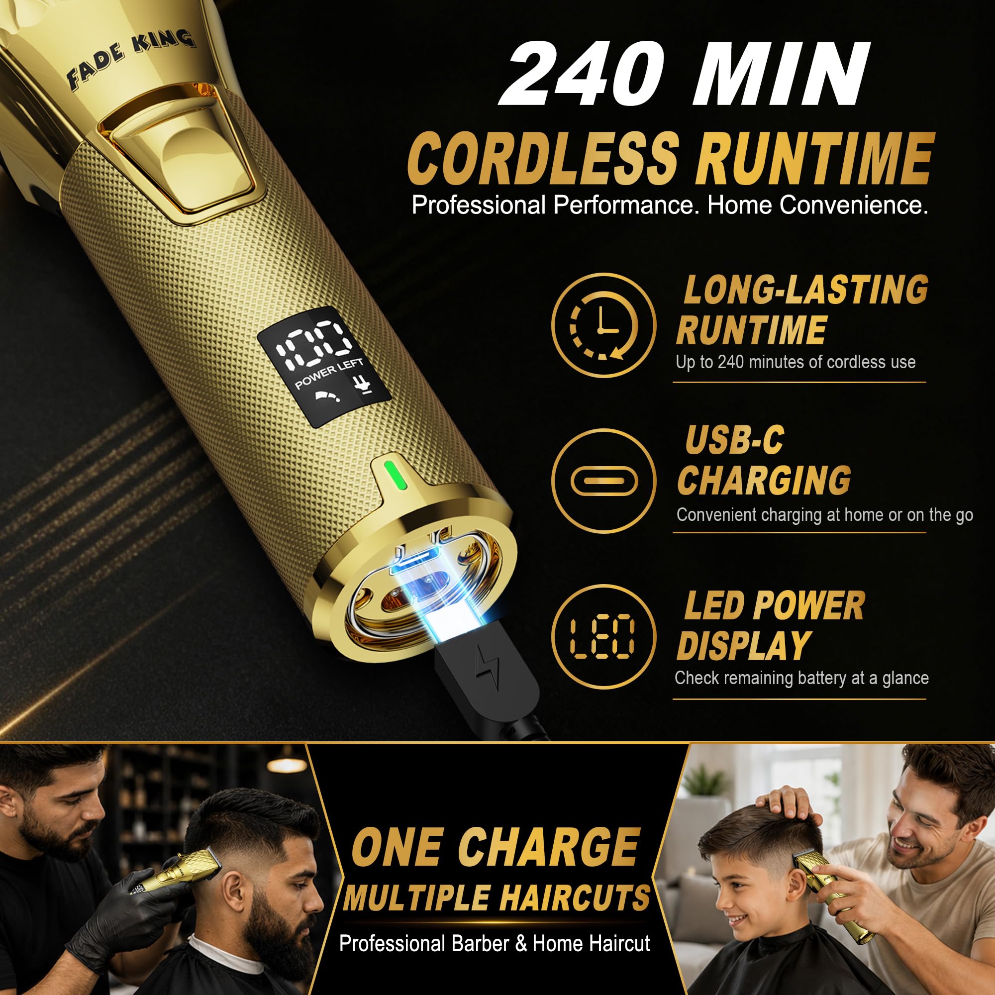 FADEKING clippers cutting hair in a barbershop demonstrating smooth fade performance