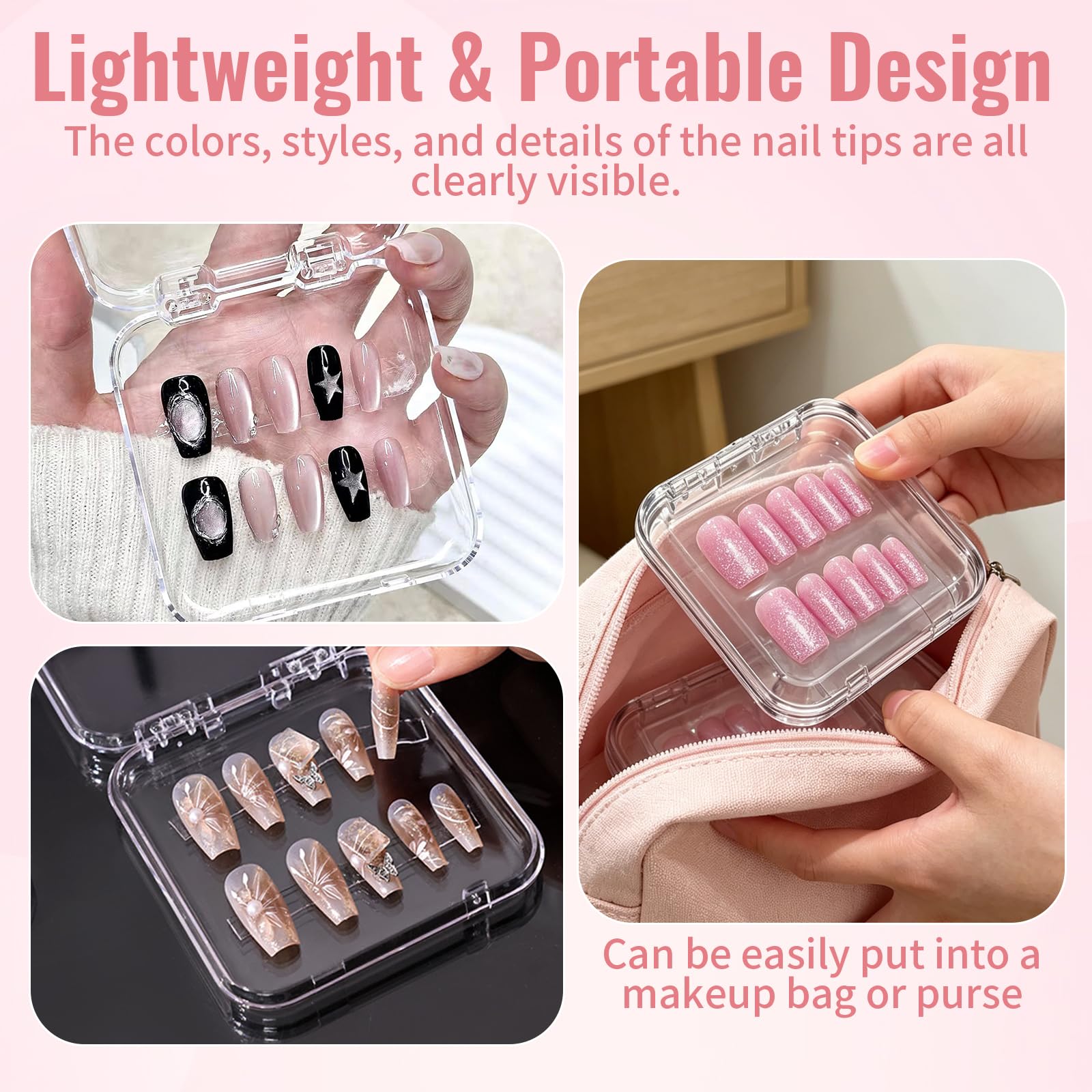 Faelhacon boxes inside makeup bag showing travel-friendly manicure storage