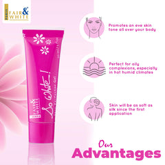 FAIR & WHITE gel being applied on hand demonstrating quick spread benefit: lightweight feel