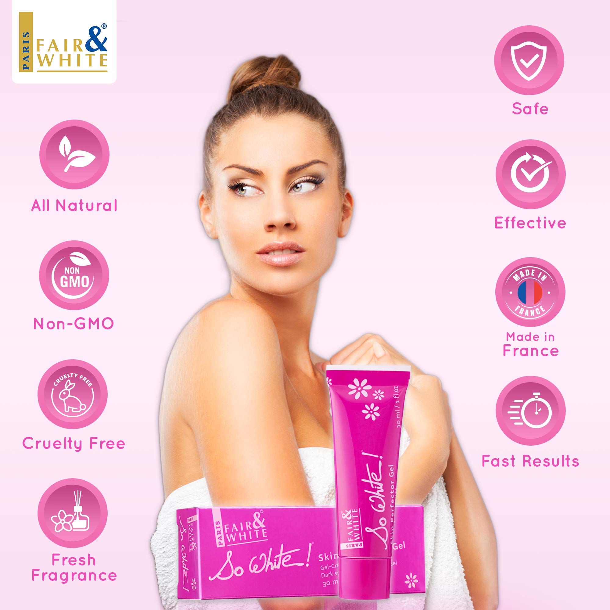 FAIR & WHITE bottle beside a ruler showing 30ml scale benefit: travel-friendly size