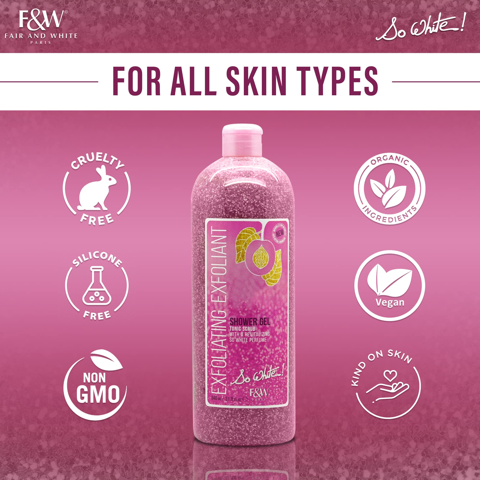 FAIR & WHITE scrub being applied in shower to smooth rough skin effectively