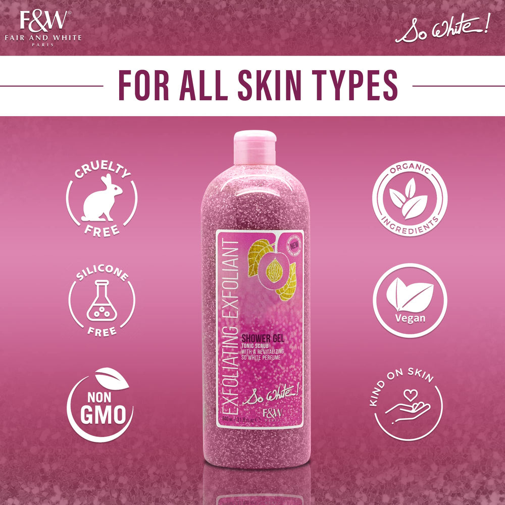 FAIR & WHITE scrub being applied in shower to smooth rough skin effectively