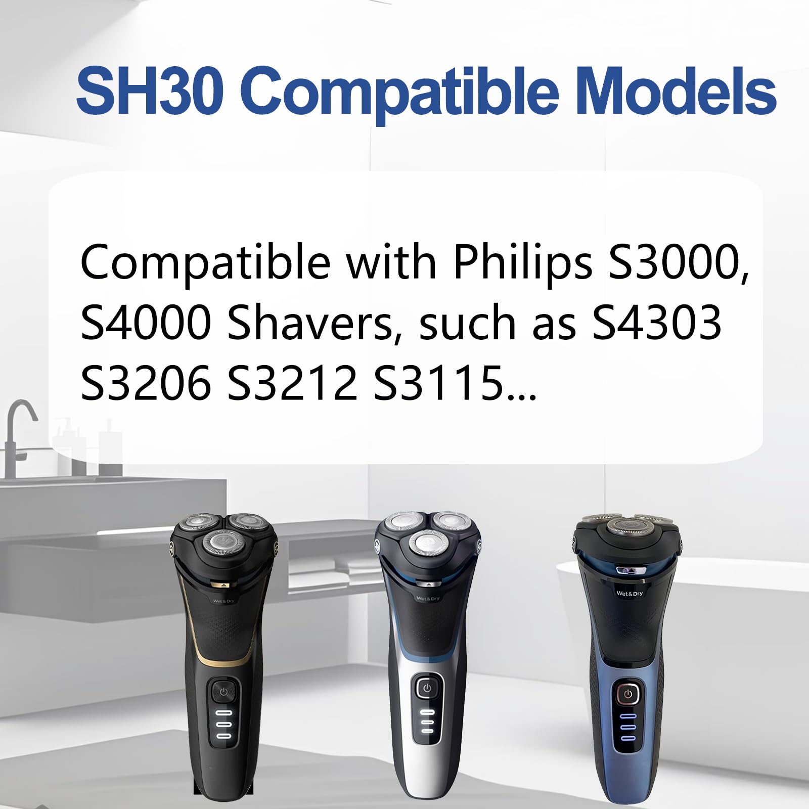 FAIRBEE S3000 replacement head displayed on bathroom counter for travel convenience