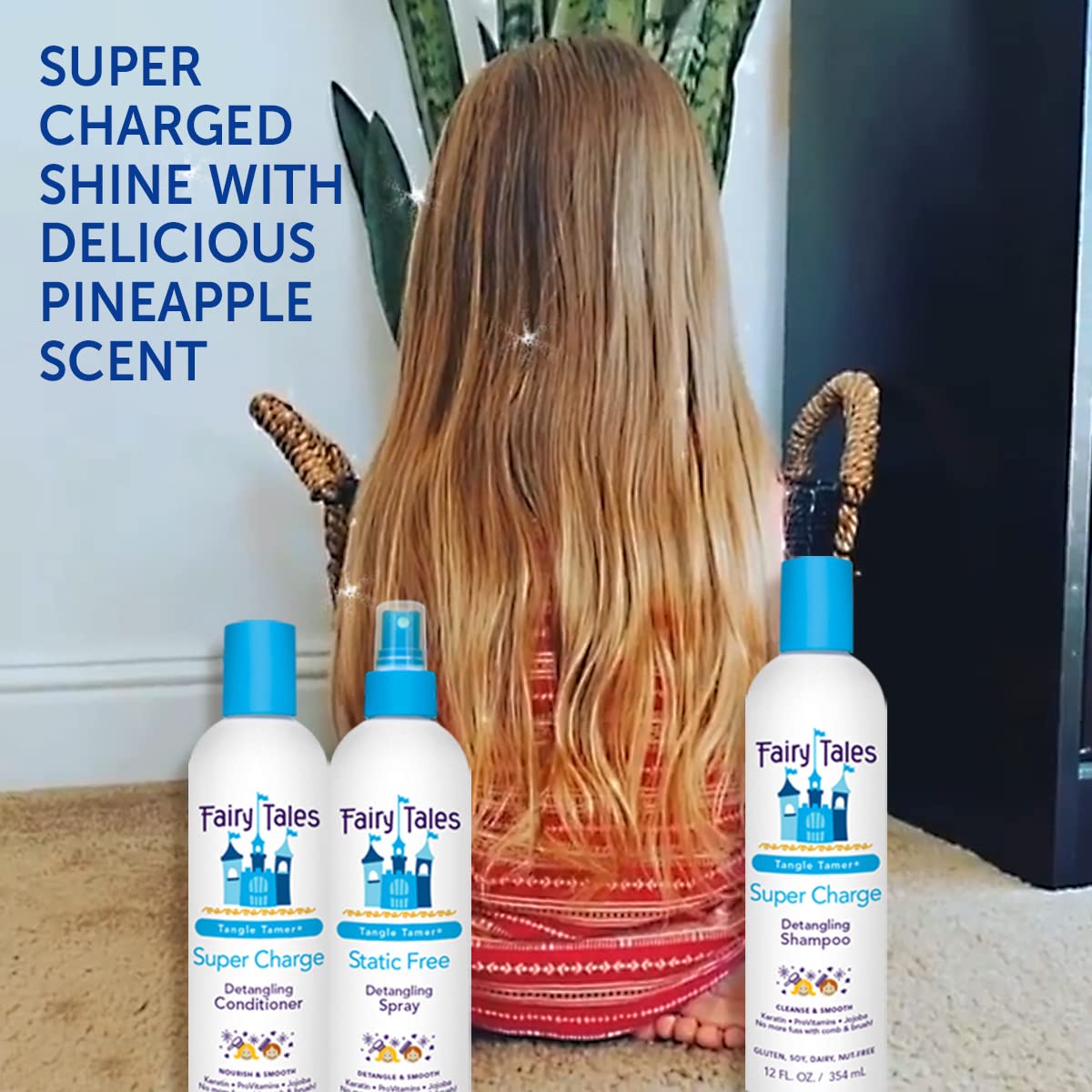 Side-by-side before and after hair treated with Fairy Tales showing smoother result