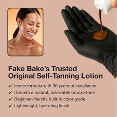 Fake Bake close-up cap and label highlighting easy application and guide color