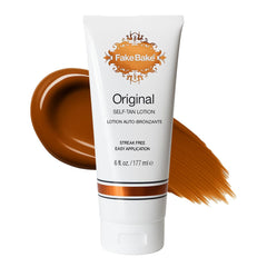 Fake Bake front packaging showing 6 oz bottle and benefit of buildable bronze