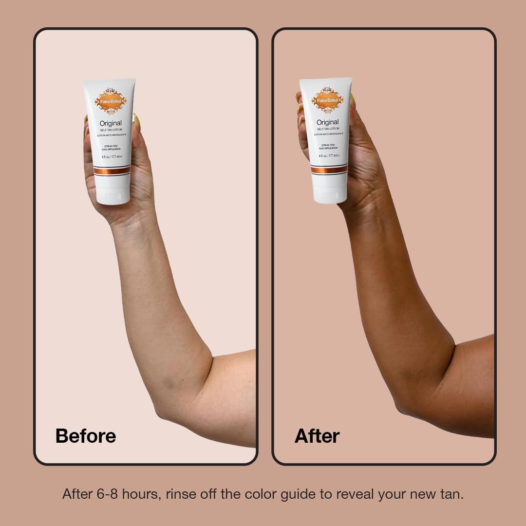 Fake Bake lotion on glove in hand for precise application and clean results