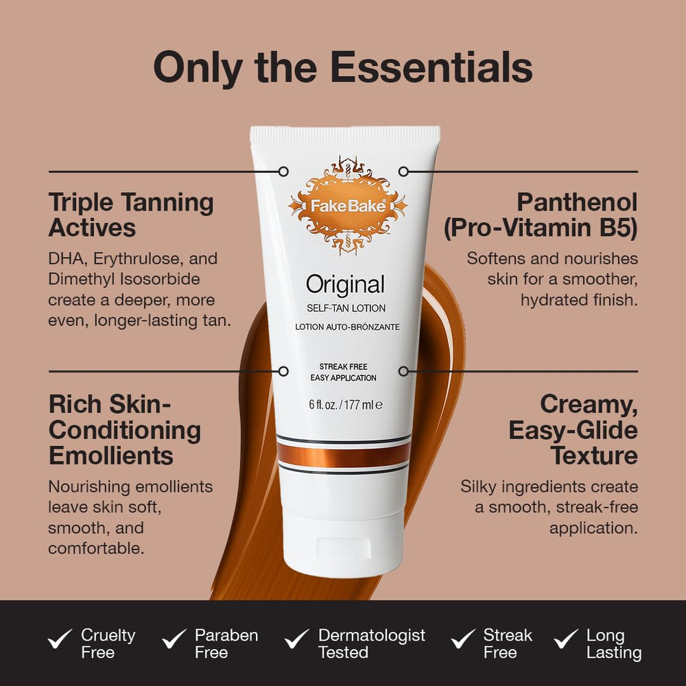 Fake Bake bottle next to a hand showing 6 oz scale and travel-ready size