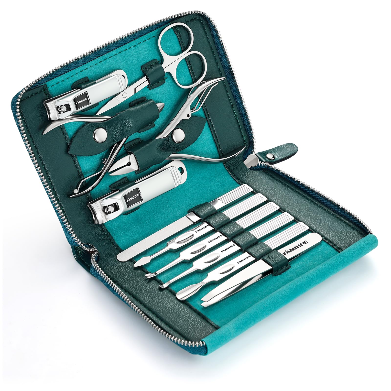 FAMILIFE hand holding a tool for scale showing compact, portable size benefit