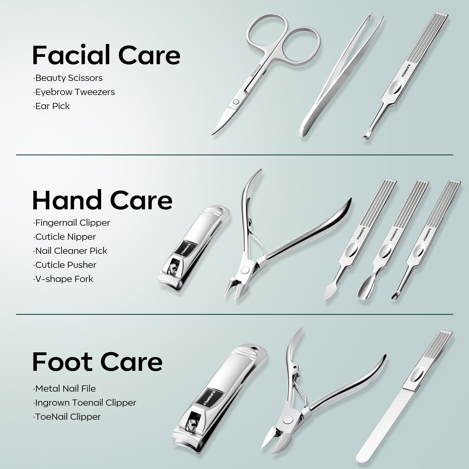 FAMILIFE tweezers and beauty scissors showing precision and grooming control