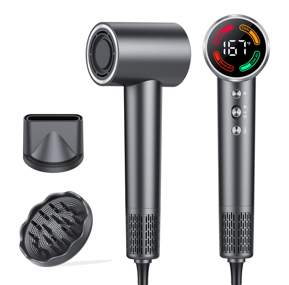 FAMOO hair dryer front view showing compact design and ergonomic handle for comfortable styling