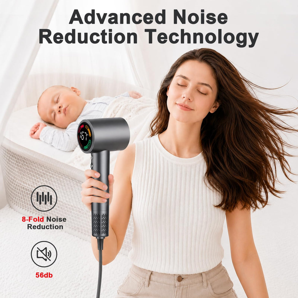 FAMOO hair dryer in hand to show lightweight size for reduced arm fatigue during use