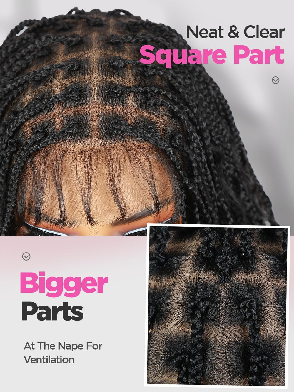 FANCEE mannequin showing 32 inch scale and length of box braid wig