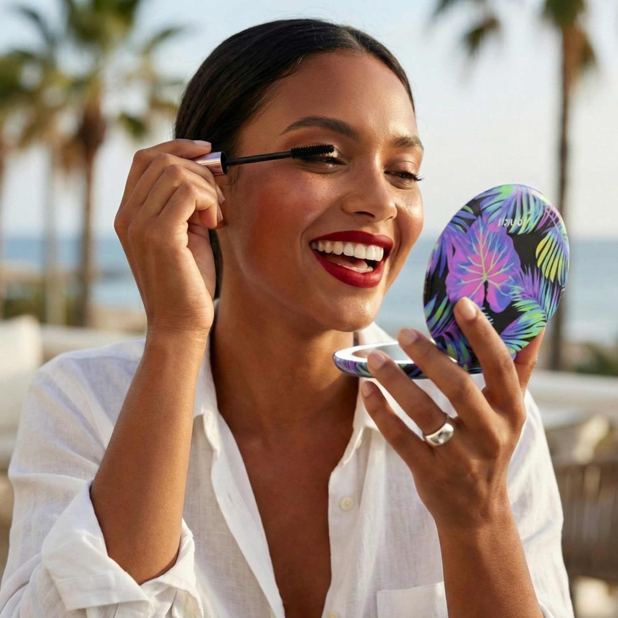 Fancii Taylor on a bathroom vanity giving hands-free use for morning routines
