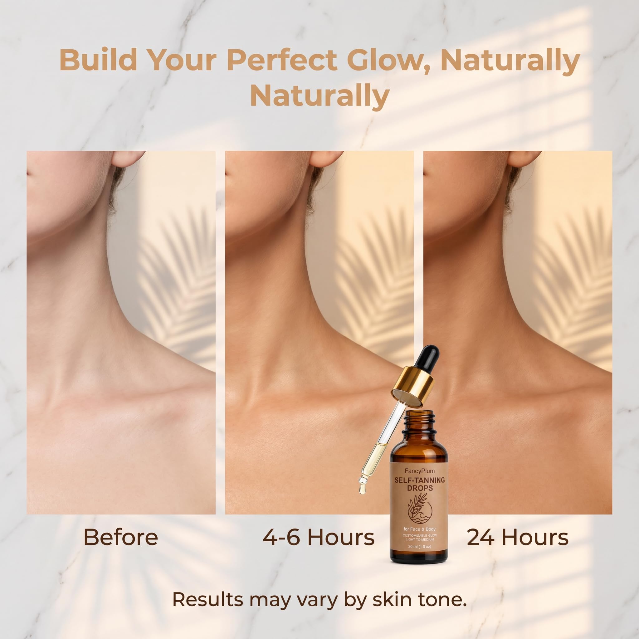 FANCYPLUM applying drops to face with gentle strokes showing streak-free application benefit natural-looking tan