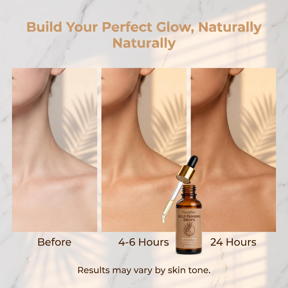 FANCYPLUM applying drops to face with gentle strokes showing streak-free application benefit natural-looking tan