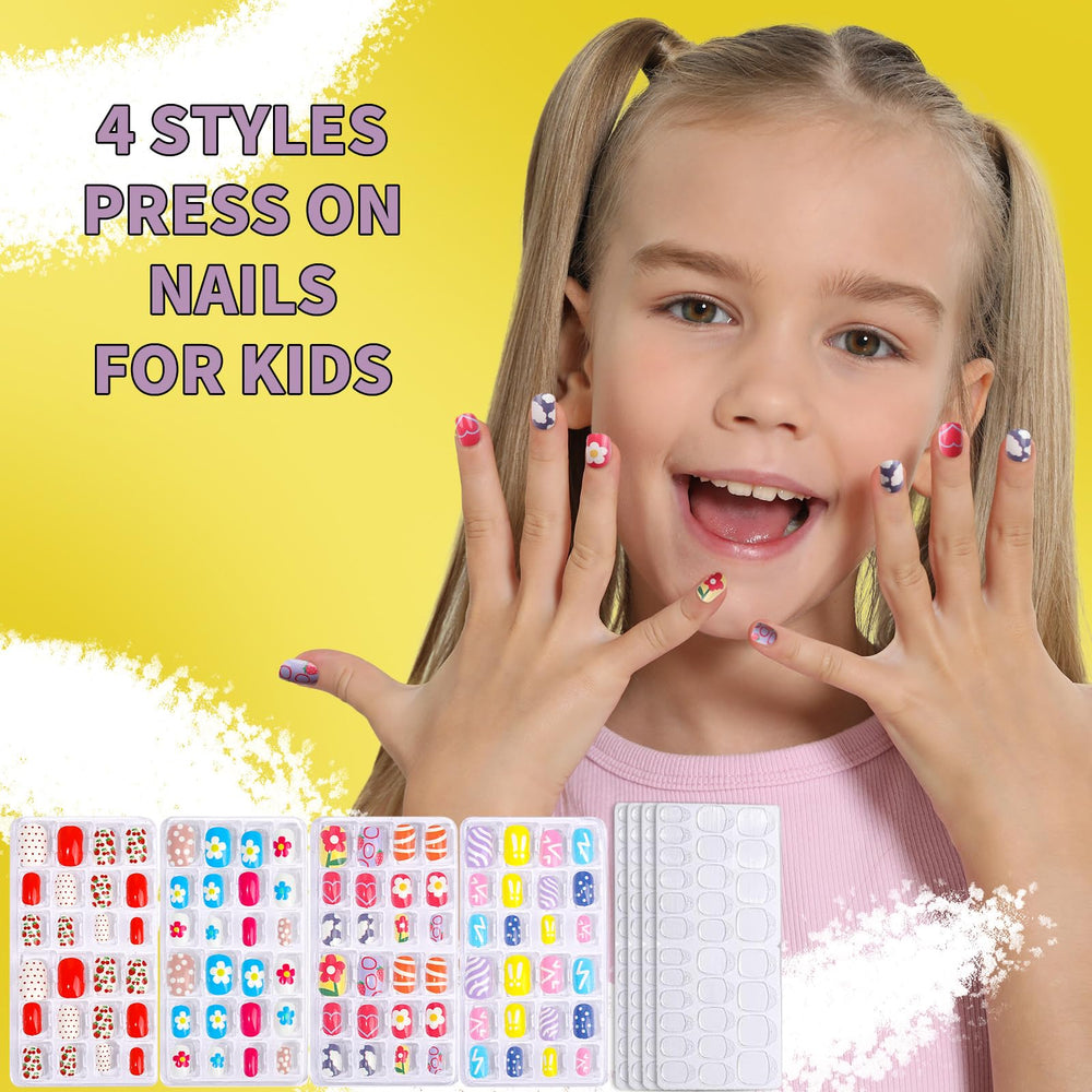 Fandamei press-on nails laid out showing bright patterns and sizes